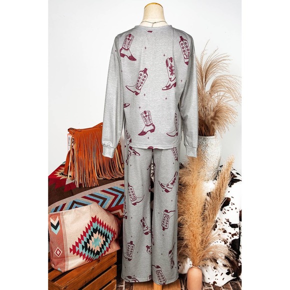 Triple B Designs Other - The Ledoux Western Cowboy Boot Print Loungewear Set Grey Burgundy XL Long Sleeve
